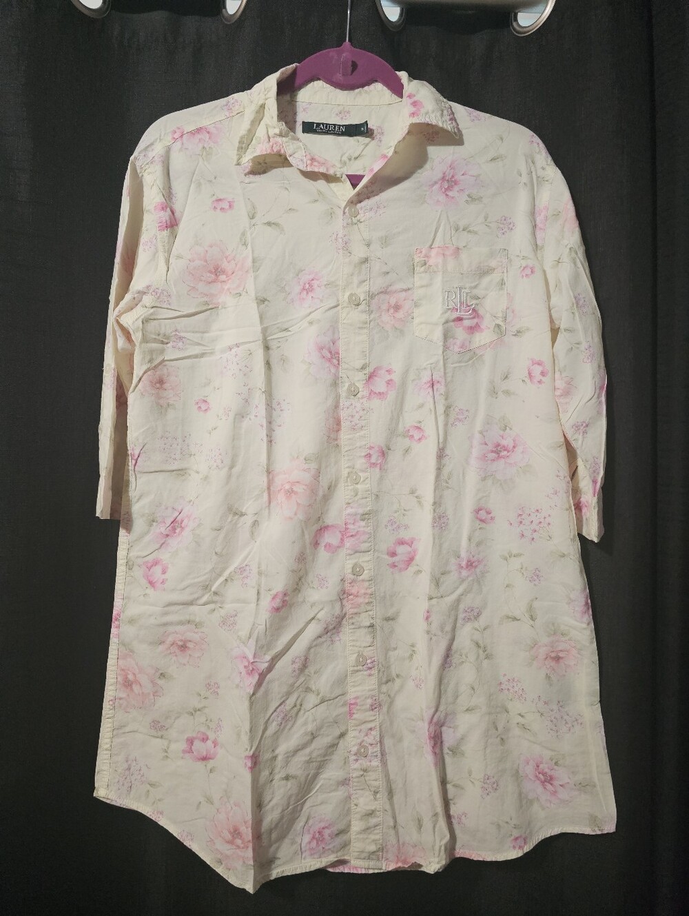 Lauren Ralph Lauren cream and pink floral button-up nightgown or sleepshirt feat